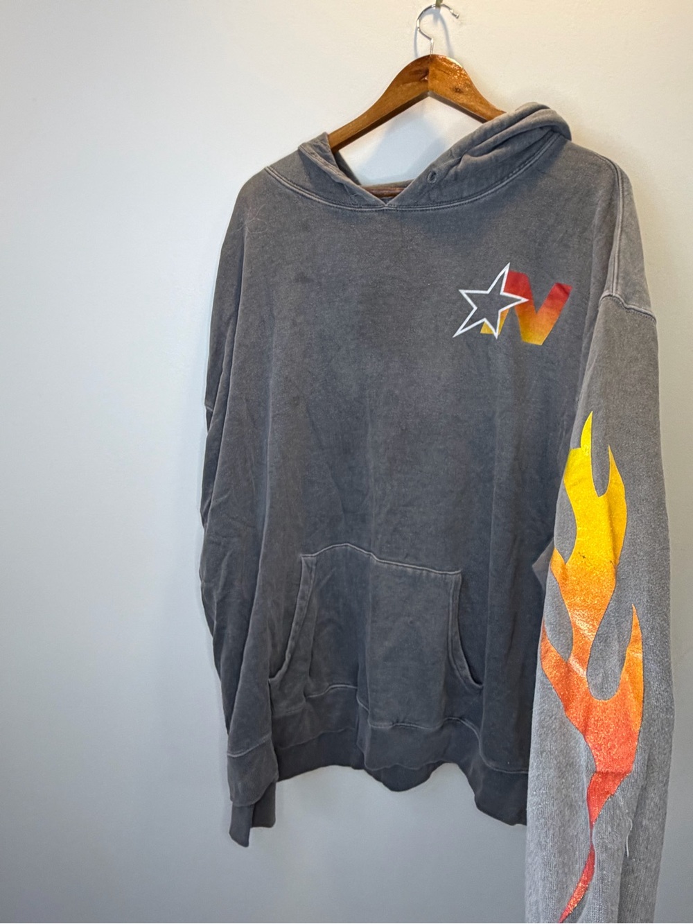 Urban Outfitters Washed Gray Hoodie with Flame Sleeve Graphic